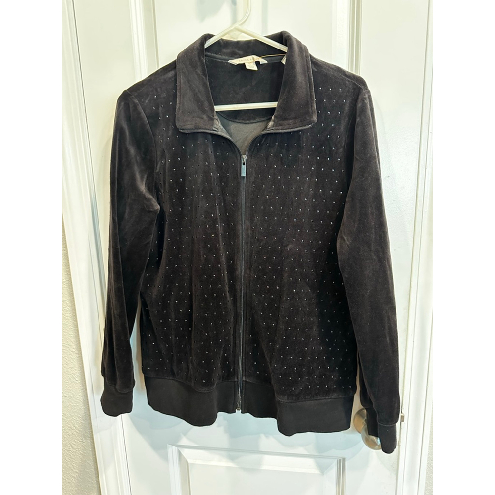 Laura Ashley Black Velour Rhinestone Full Zip Jacket L EUC